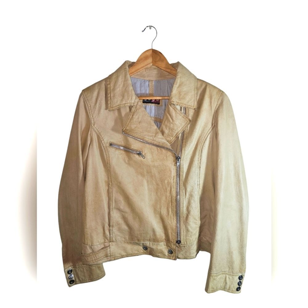 Vintage Yogo by Goes Women's  Tan Lambskin Leather Moto Jacket Size L